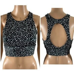 JOLYN Rae Sports Bra Top Size Small Black White Heart Print Open Back UPF 50+